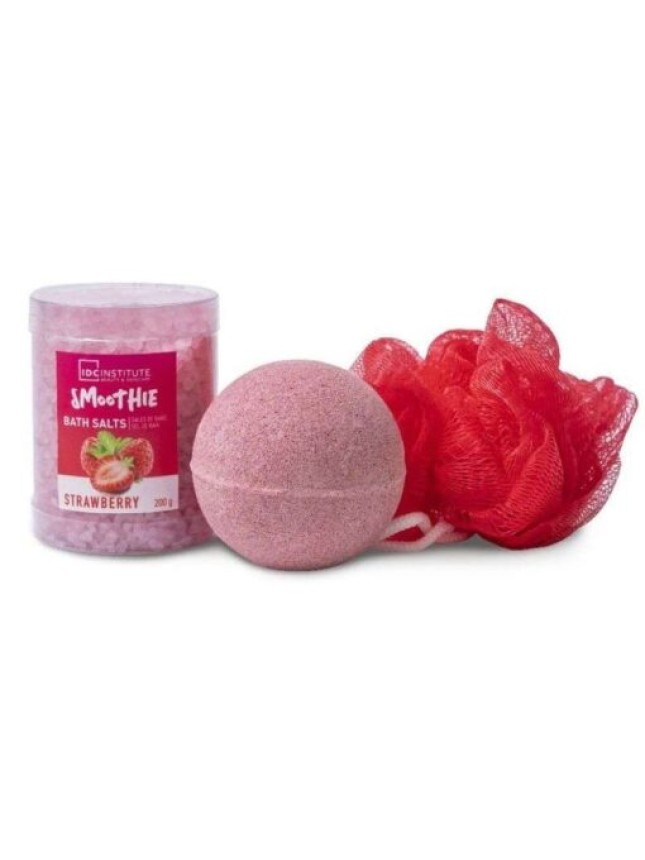 IDC Institute Smoothie Bath Set Strawberry Άλατα 200gr , Μπάλα Μπάνιου 140gr & Σφουγγαράκι